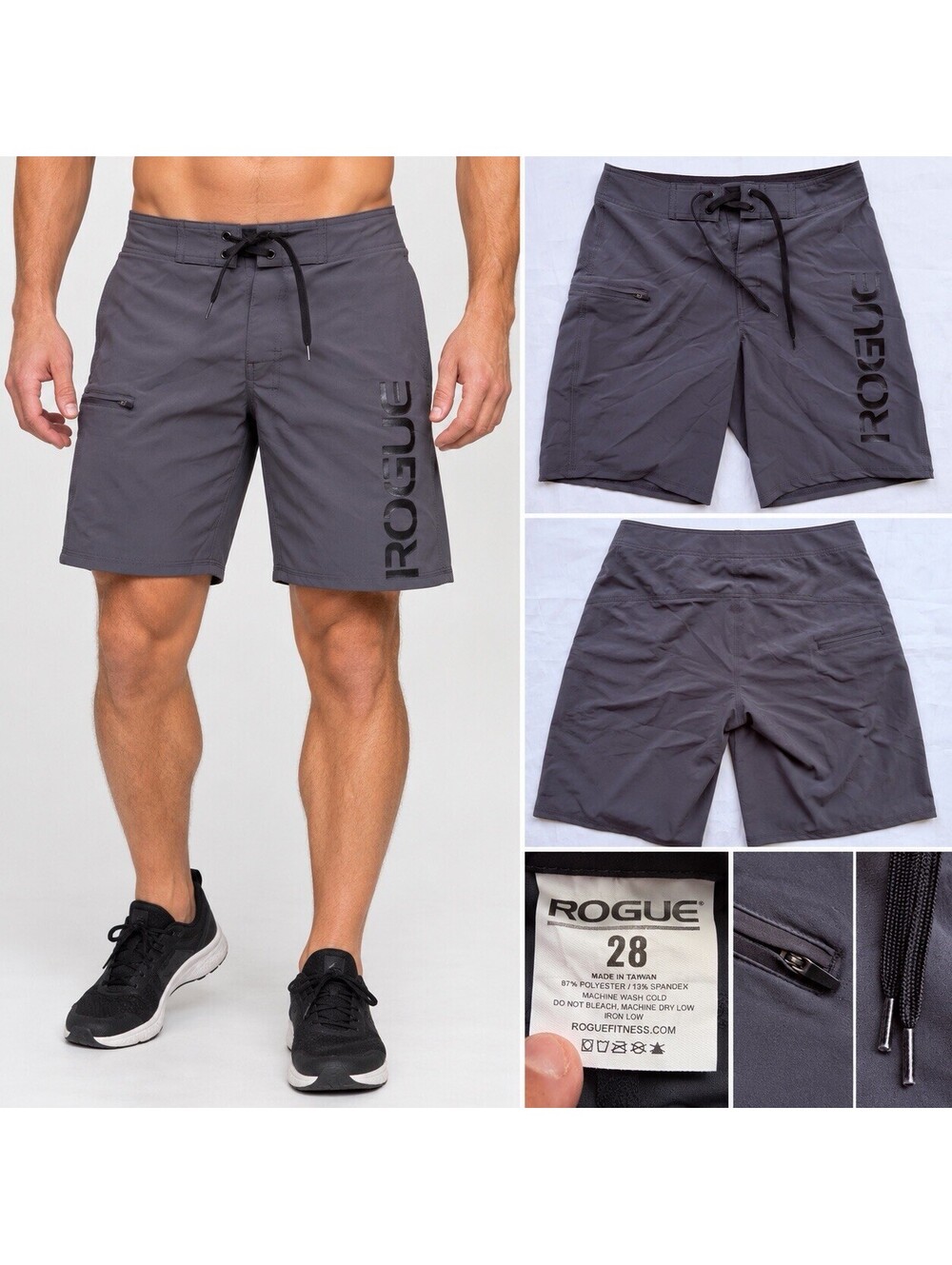 Rogue Fitness Shorts Mens 28 Gray Black Boardshorts Training Drawstring Pocket